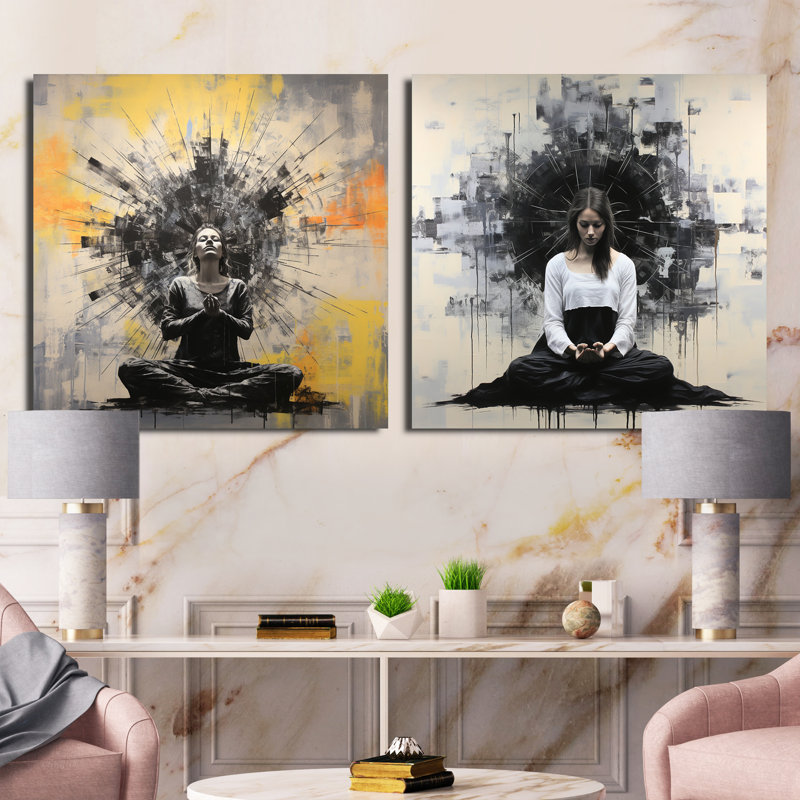 "Minimalisme noir et blanc Yoga médiation" 2 pièces, H 16 po x l 33 po, Toile tendue