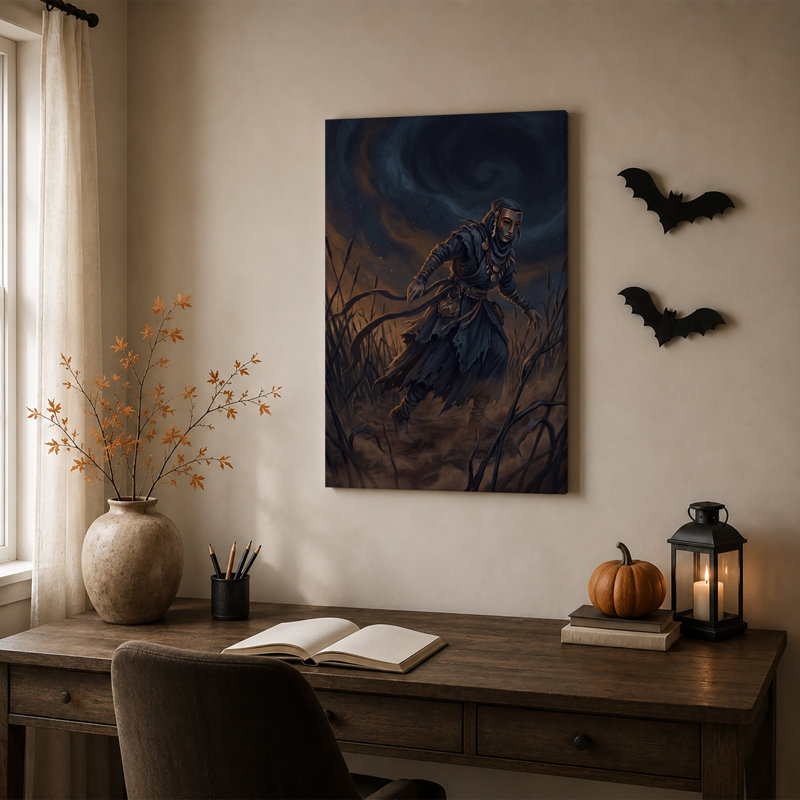 Personnage masqué en robe bleue déchirée au milieu d'une toile murale sèche d'Halloween, H 36 po x l 24 po