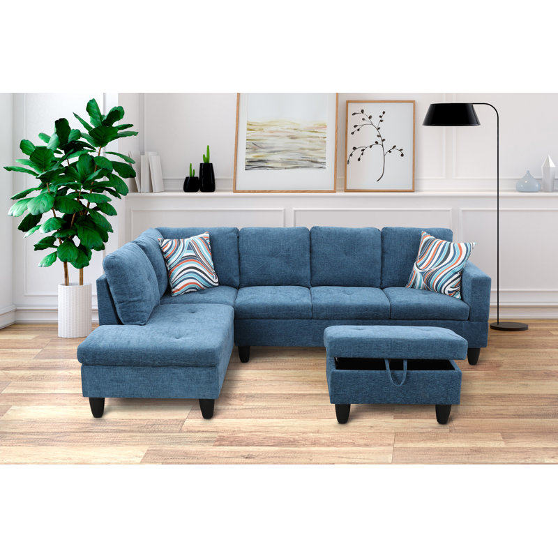 Stotfold Upholstered L-Shaped Sectional Right Hand Facing, Dark Blue Velvet, Left Hand Facing