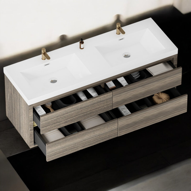 Meuble-lavabo mural double 59 po avec plateau en résine Kaushal, Gris cendre