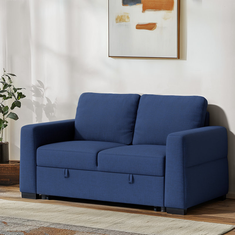 60.2" Linen Upholstered Convertible Sofa Bed with USB Charging Port, Blue