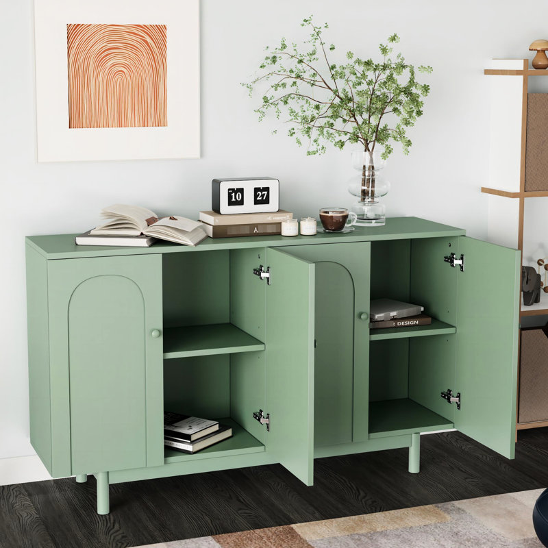 Élégante armoire en taille-douce à 4 portes avec pieds en pin, poignées en bois massif, menthe pour organiser le rangement des articles ménagers