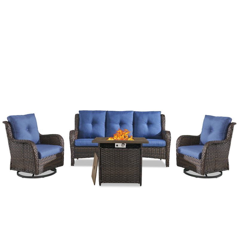 Ensemble de conversation à canapé pour 5 personnes avec foyer extérieur et coussins pivotants Carolina, Bleu