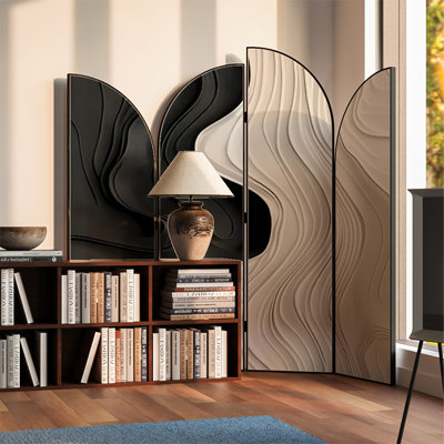 4 panneaux noirs + toile beige-blanche + cloison pliante en bois massif