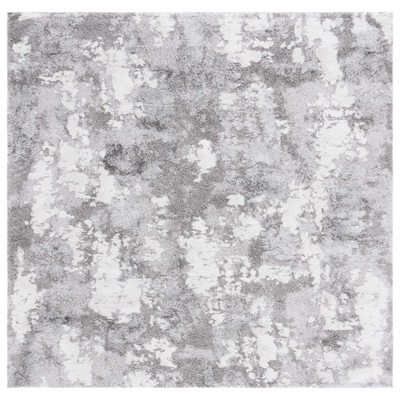 Tapis abstrait gris en polypropylène tissé à la machine, Carré 6 pi 7 po