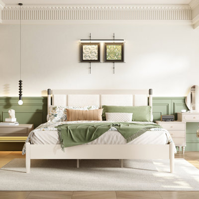 Très grand lit en bois massif, tête de lit à finition grise avec poignées en métal, capacité de 600 lb, dimensions optimales, bois facile à assembler et support, sans sommier, environnement de sommeil confortable