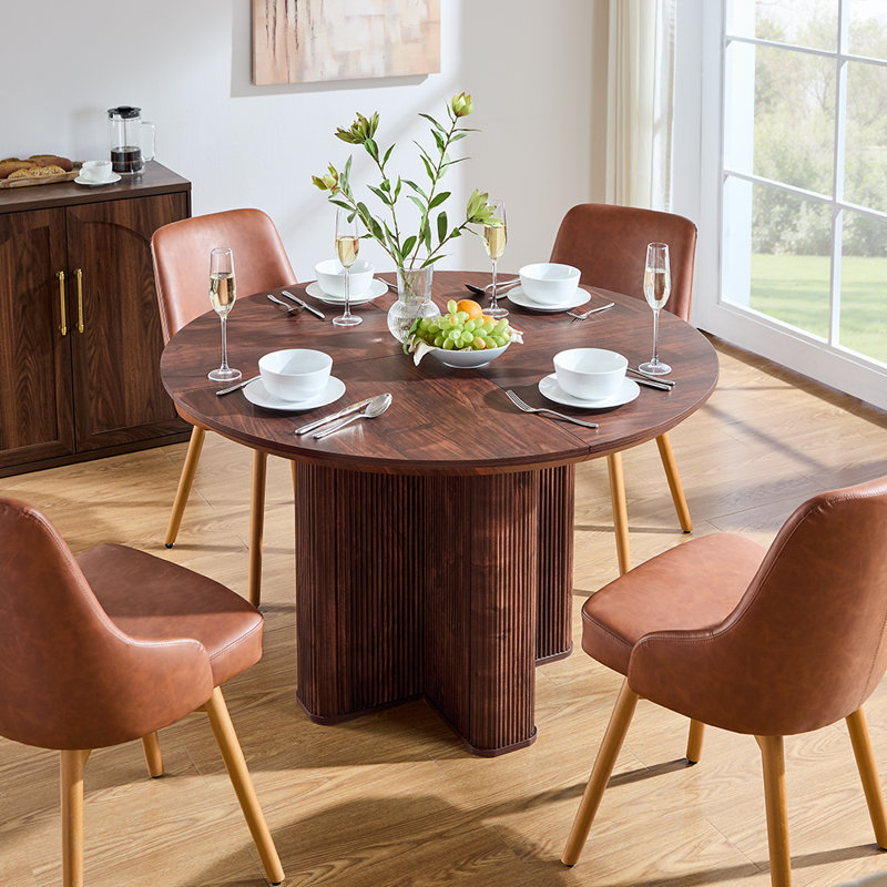 47" Fluted Round Dining Table For 6 With Thickened Edge & Sturdy Pedestal Base, Dark Walnut