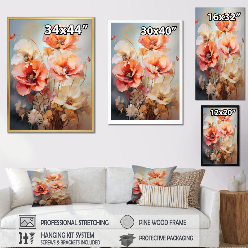 Impression sur toile Coral Poppies Romantic Impression III - Coquelicots, H 32 po x l 24 po x P 1 po, Cadre flottant doré
