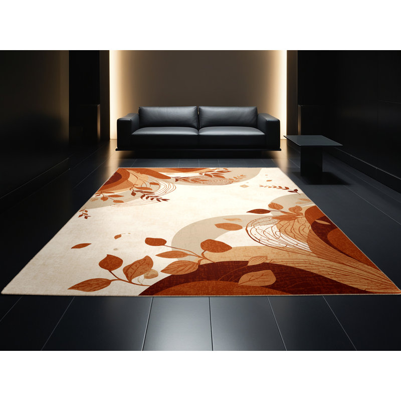Machine Washable Ortmund Autumn Leaves Modern Rustic Abstract Rug in Beige – Beige Binding, 5' Square