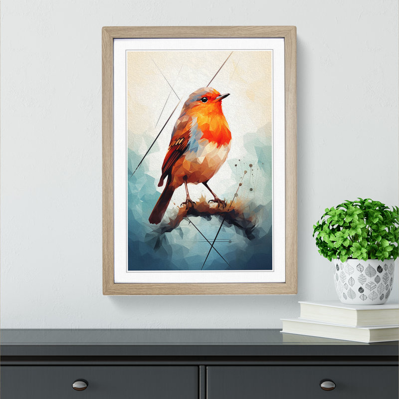 Robin Bird Geometric - Single Picture Frame Print on Wood, Oak Framed, 64cm H x 46cm W x 2cm D