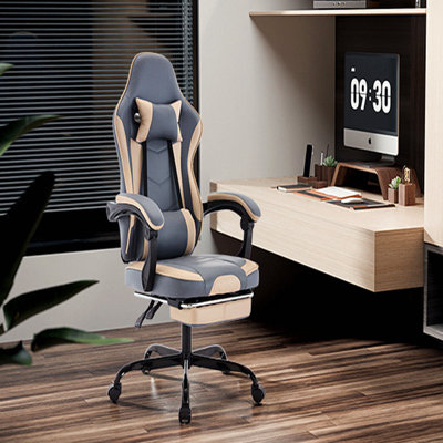 Blue Beige Gaming Chair, Ergonomic Computer Chair, With Footrest And Massage Lumbar Support, Height Adjustable Swivel Video Game Chair For Adults, 300lb Max