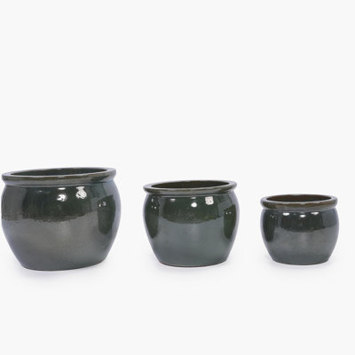 Handmade Dark Green Glazed Ceramic Planter Set of 3, 15/12/9 Inch Diameter, Solid Glossy Finish, for Succulents & Herbs Outdoor Garden & Indoor Staircase Use, Breathable Clay with Drainage Holes