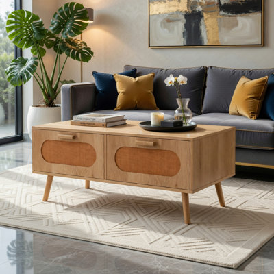 Table basse en rotin de style Mid-Century avec 2 tiroirs de rangement