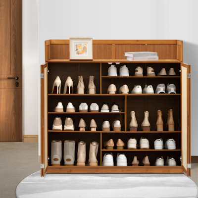 Bamboo 7-Tier Shoe Cabinet With Foldable Rattan Doors 30-Pair Storage Organizer & Boot Compartments