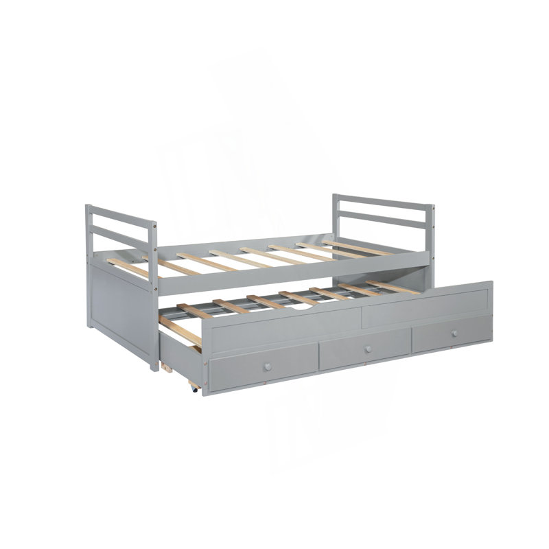 Twin Size Bed With Headboard, Footboard, Trundle And Three Storage Drawers, Twin Size Pine Wood Bed With Headboard, Footboard