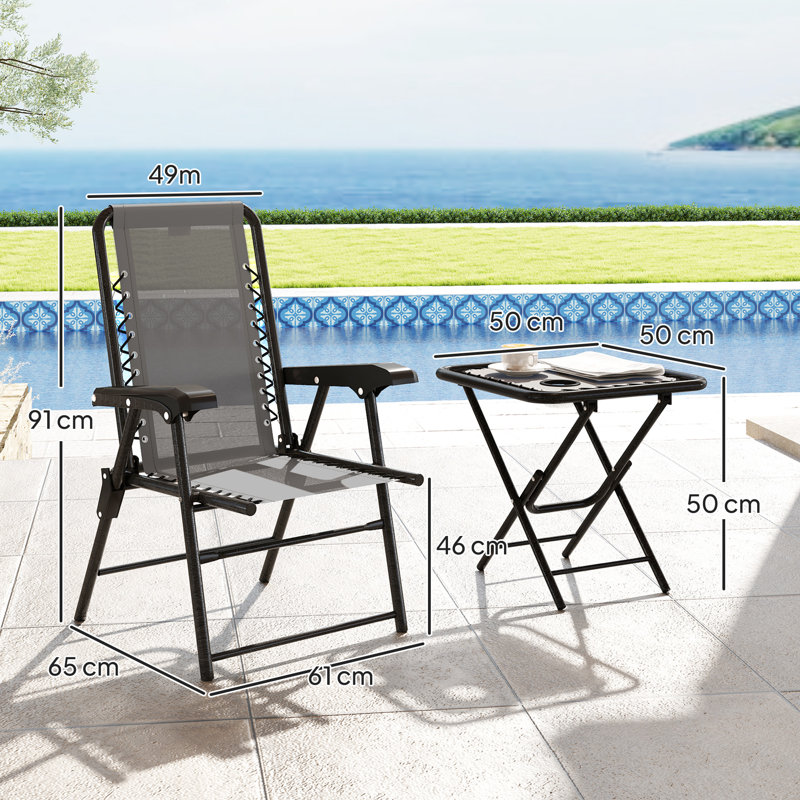 3 Pieces Garden Bistro Set Folding Table and Chairs, Black/Dark Grey