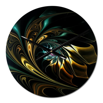 Brown Blue Fractal Flower in Black - Modern wall clock