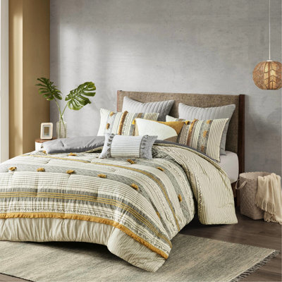 3 Piece Comforter Grey/Yellow Full/Queen, 100% Cotton Stripe Print, , Filling, , Fascinating Bedding With Print And