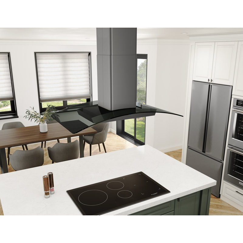 Zephyr Ravenna 36 in. 600 CFM Island Mount Range Hood with LED Lighting in Black Stainless Steel with Gray Glass Canopy