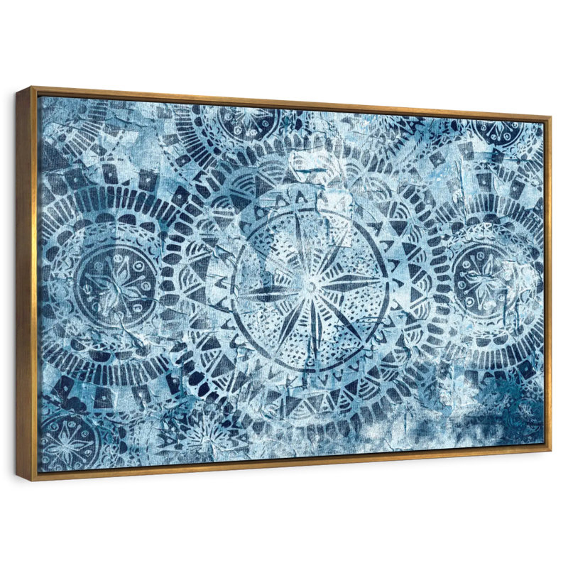 Mandalas tribaux bleus, Cadre flottant doré, 37 po x 25 po