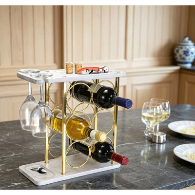 6-Bottle Wooden Wine Rack with Glass Holder & Tray, for Home Bar