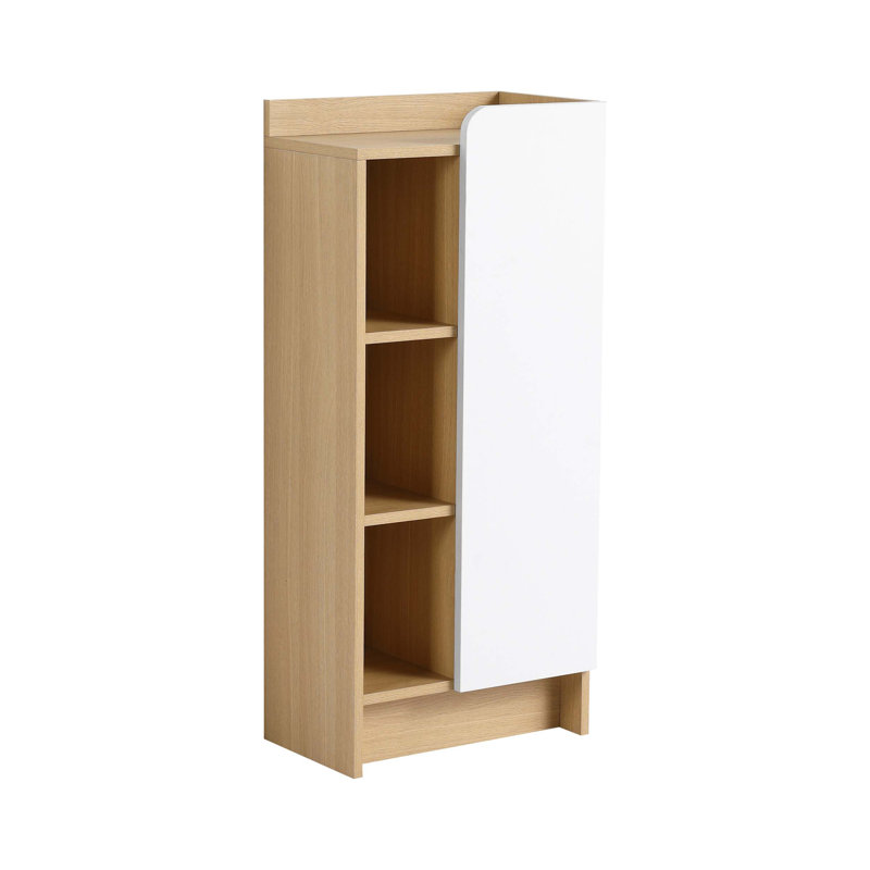 Armoire latérale de salle de bain autoportante de 16 pouces avec porte simple et tablettes ouvertes à trois niveaux pour un rangement intelligent et étroit et un assemblage facile.