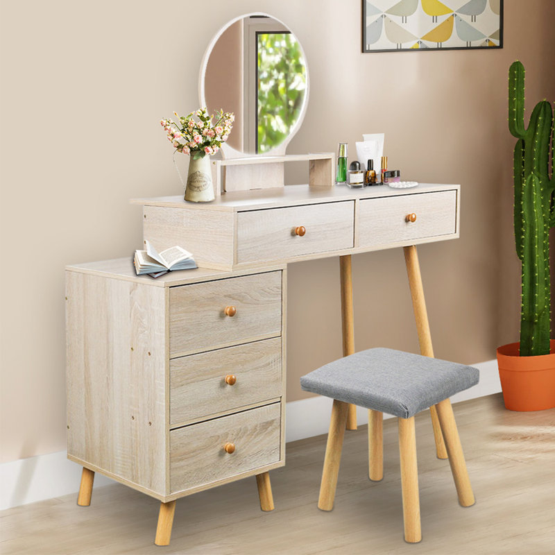 Dragana Classic 2-Drawers Vanity Table with Mirror and Stool, Countryside Makeup Dressing Table