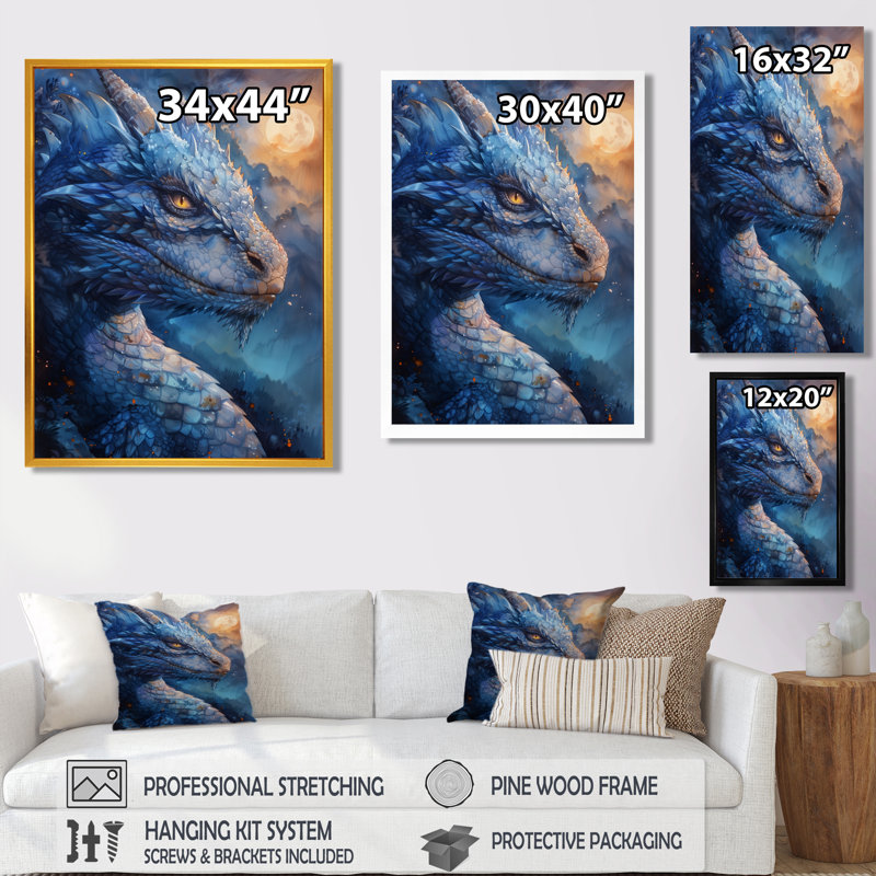  «Blue Moonlit Flight Dragon II - Dragons», reproduction d'art mural, H 20 po x l 12 po x P 1 po