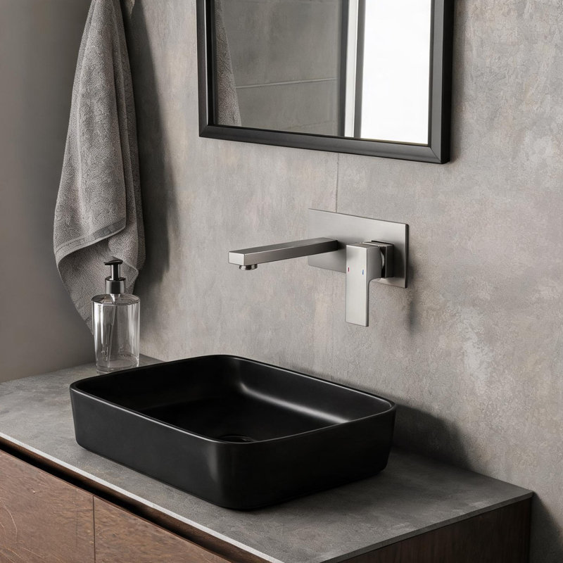 Robinet de salle de bain mural en nickel brossé, 29 x 23 x 12,6 po, avec poignée simple