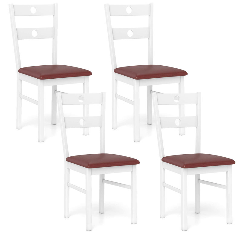 Ensemble de 4 chaises en bois avec structure en bois d'hévéa, siège rembourré et dossier à lattes blanc, 4, Brun, Blanc