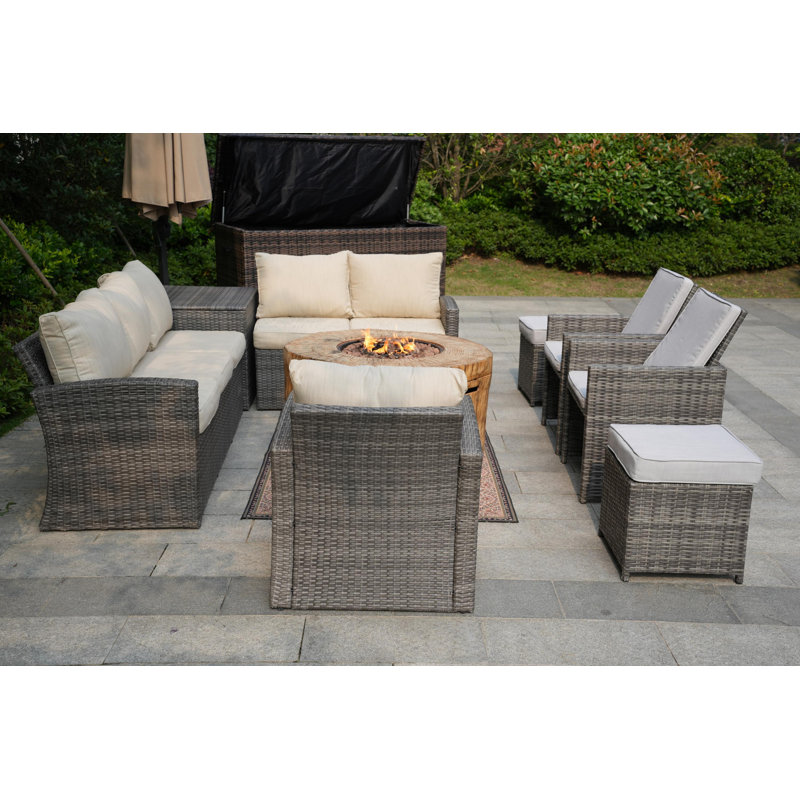10 - Person Patio Conversation Set with Cushions, Beige/Gray, Gray
