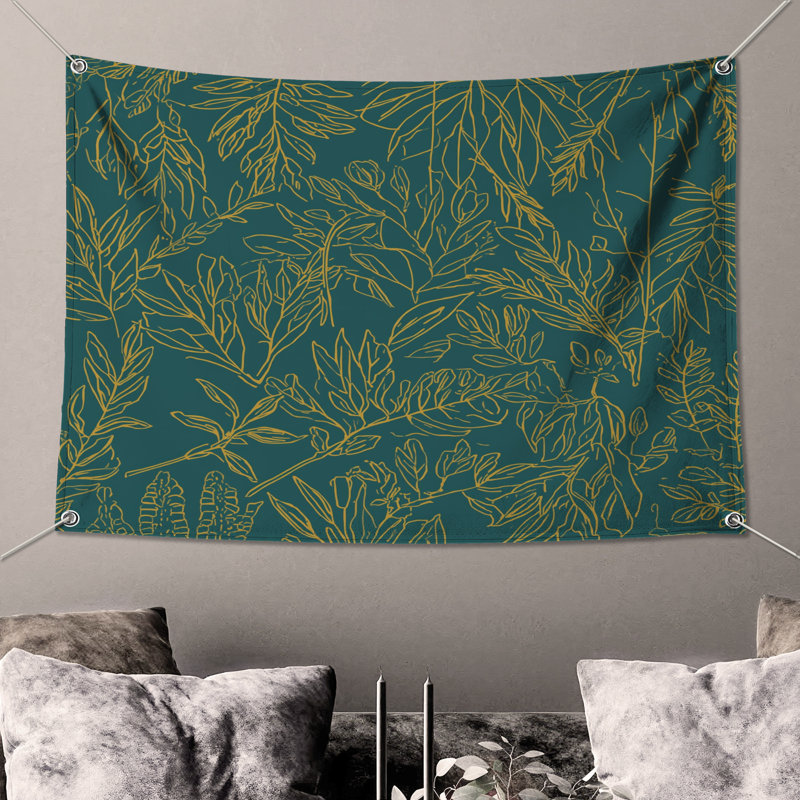 Tapisserie murale sarcelle à motif de feuilles - décoration murale botanique, 104 po H x 88 po avec 4 œillets