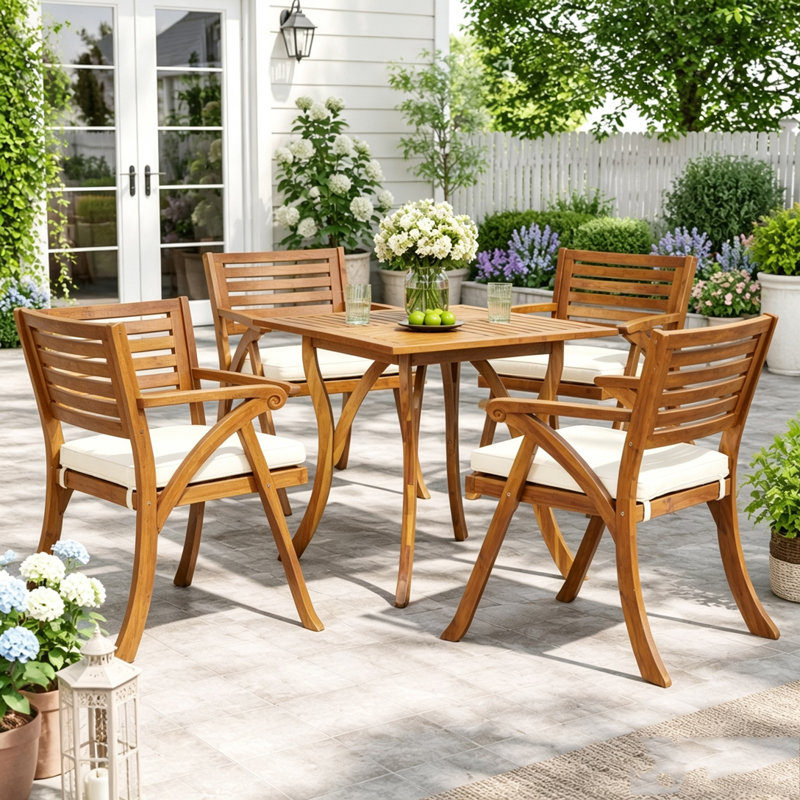 Ensemble repas d'extérieur en bois 5 pièces avec coussins