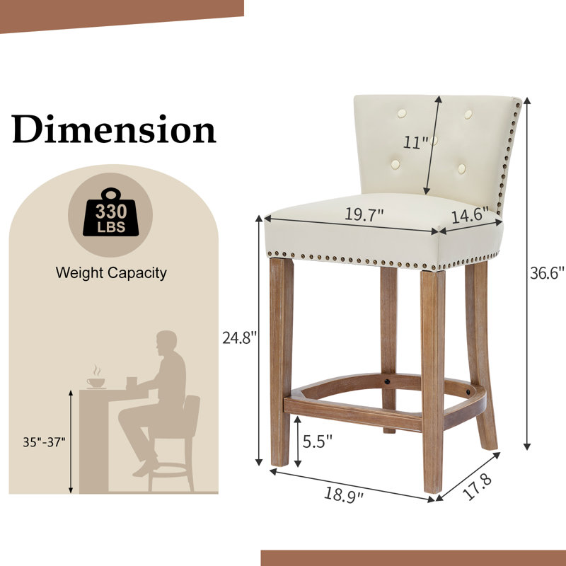 Ensemble de 2 tabourets de bar avec dossier, siège en cuir véritable et structure en bois massif, chaises à hauteur de comptoir pour îlot de cuisine et salle à manger