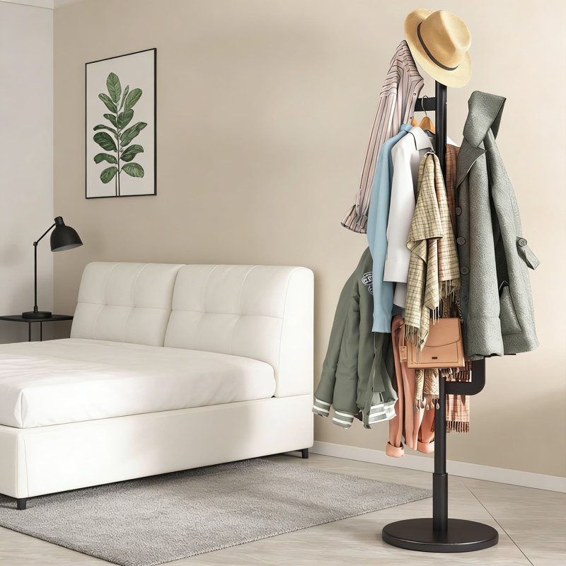 Portemanteau autoportant en bois massif avec 6 crochets, portemanteau réglable en hauteur pour le vestibule, la chambre à coucher, le salon et un porte-manteau robuste pour vestes et sacs