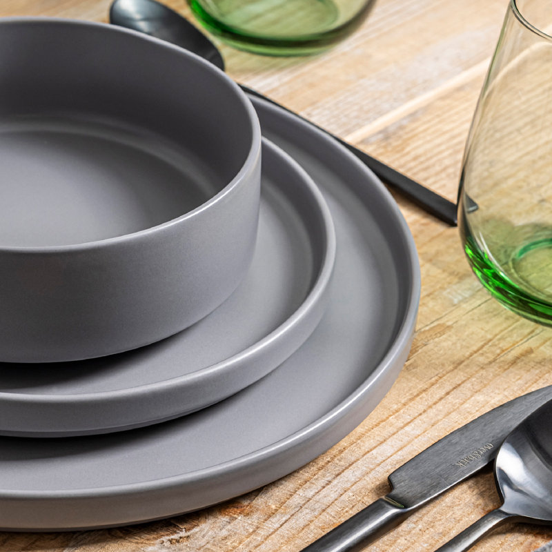 over&back Stackable 12-Piece Semi Hand-Finished Stoneware Dinnerware Set, Charcoal