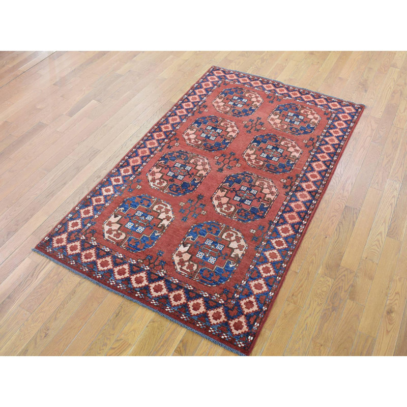 Tapis oriental noué à la main en laine douce 4 pi x 6 pi 8 po rouge Ersari afghan avec des motifs d'éléphants géométriques 7FE695E183294B0585FAB9D2F8AFF027