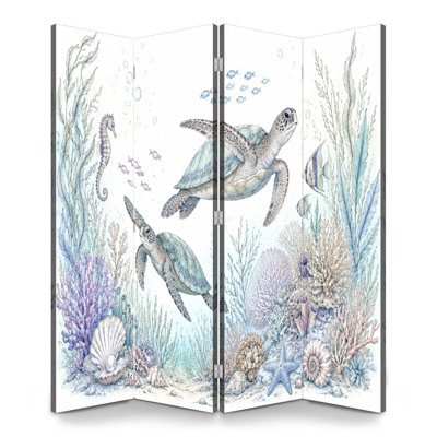 Cloison pliante 4 panneaux Royal Sea Turtles Natation Coral Reef Marine Life Toile Écran Séparateur de pièce Autoportant Cloison de protection Cloison d'intimité pour salle de bain