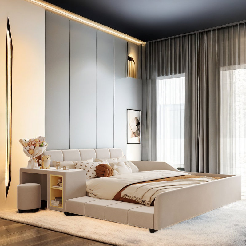Xannon Upholstered Grounded Bed with Bedside Desk and Little Round Stool, Beige