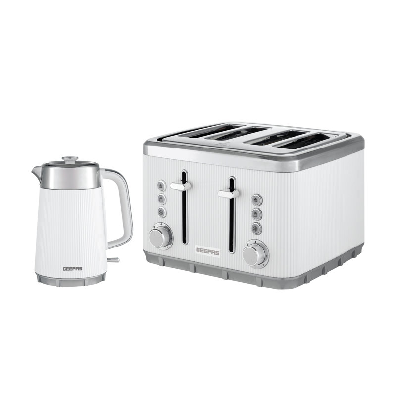 Geepas Arcus Kitchen Set 1.7L 3000W Electric Kettle, 1860W 4 Slice Toaster 7 Browning Levels, White
