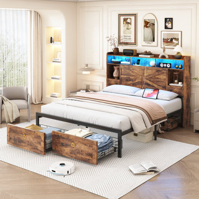 Queen Size Farmhouse Industrial Storage Bed with 2 Footboard Drawers and Storage Headboard, USB&AC Charging Station, APP & Remote RGB Lights, Noise-Free, No Box Spring Needed