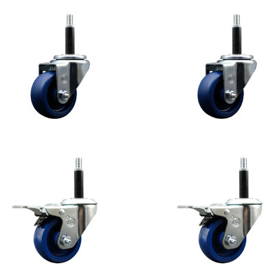 3 Inch SS Solid Poly Swivel 3/4 Inch Expanding Stem Caster Set 2 Total Lock Brakes