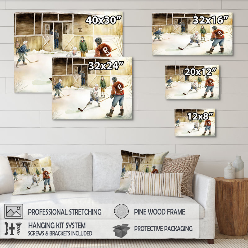 Enfants jouant au hockey sur la patinoire II - Impression sur toile, H 12 po x l 20 po x P 1 po, Toile tendue