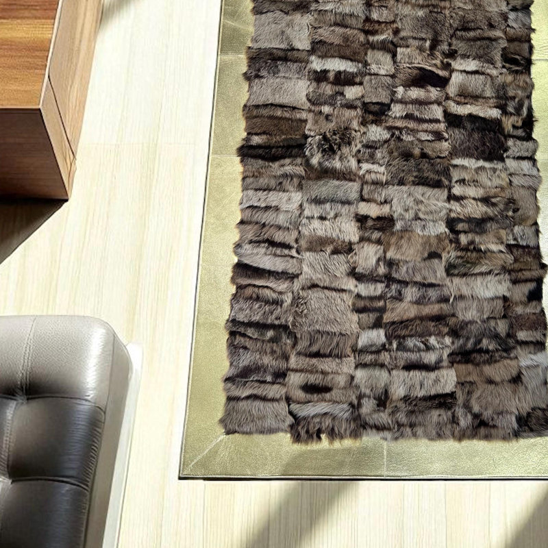 Tapis patchwork en peau de mouton avec bordure dorée, Rectangle 6 pi x 9 pi