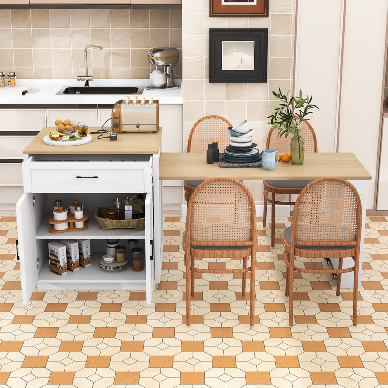 Îlot de cuisine élégant et polyvalent avec salle à manger rétractable, rangement spacieux et charge intégrée, Blanc