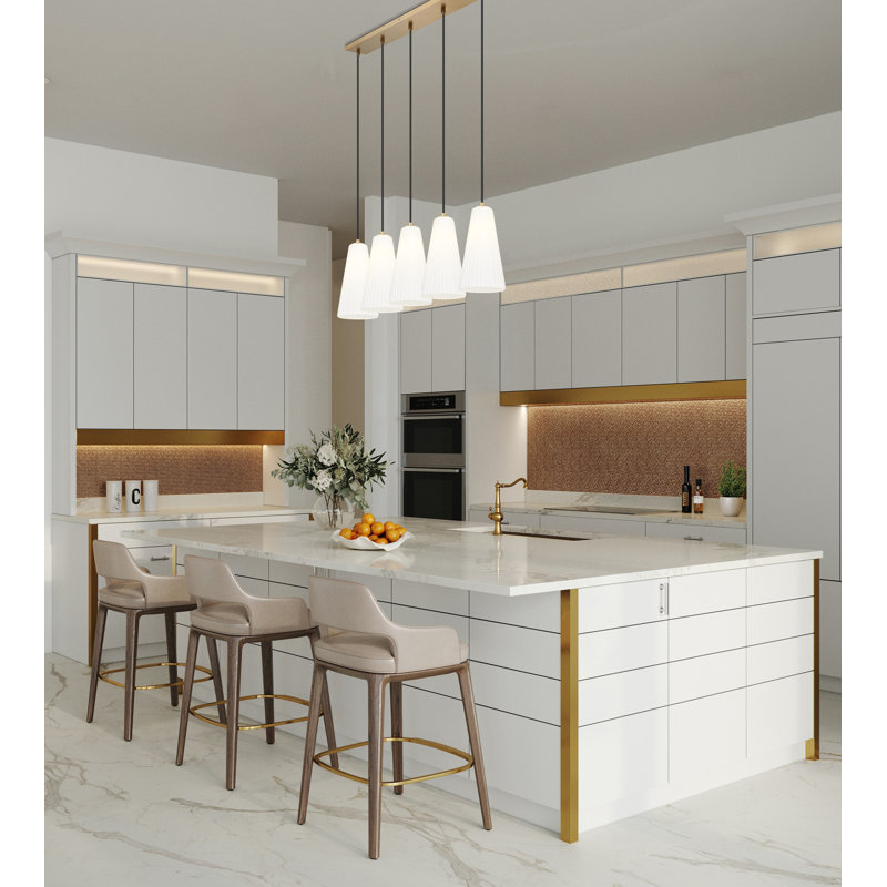 Modern Gold and Nickel 5-Light Linear Chandelier with Frosted Glass Shades