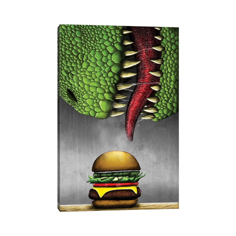 T-Rex With Cheeseburger by Trevor Wayne - Painting on Canvas, 66.04cm H x 45.72cm W x 3.81cm D, Wrapped Canvas