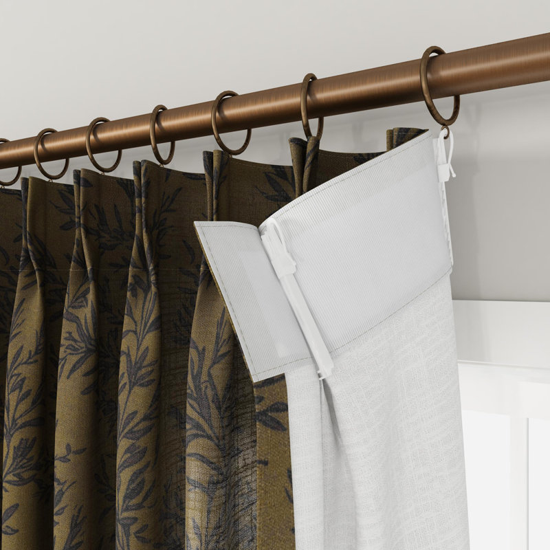 TWOPAGES Unlined Floral Curtain Printed Faux Linen Pinch Pleat Curtain, 40" W x 90" L, Bronze