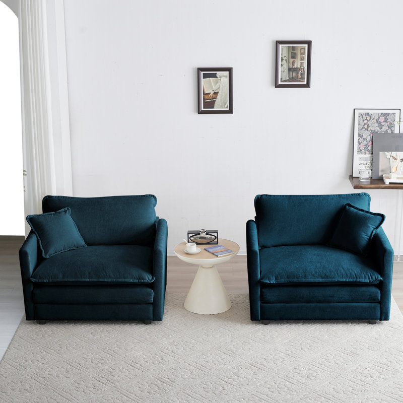 Chaise haute d'appoint en chenille haute, fauteuils bleus pour le salon, avec coussin et structure en bois massif, paire de 2 éponges rembourrées de qualité rembourrée, style pièce