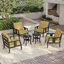 Ensemble de conversation d'extérieur en teck pour quatre personnes avec coussin et deux tables d'appoint-738850633-738850632